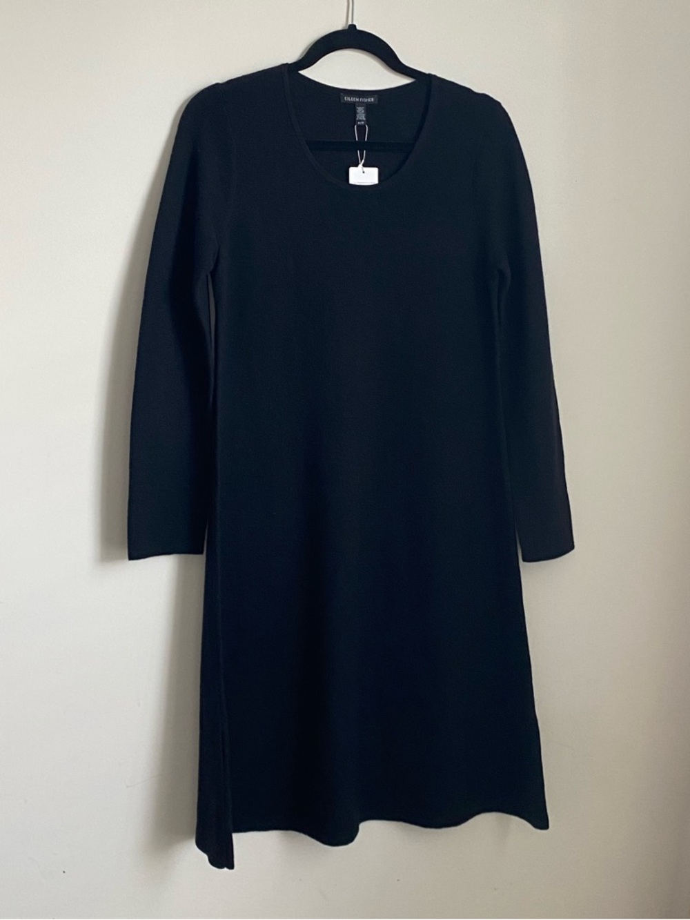 Eileen Fisher Black A line Midi Knit Merino Wool Dress